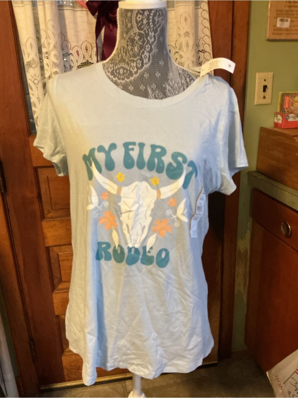 Time and Tru Light Blue Maternity Graphic Tee